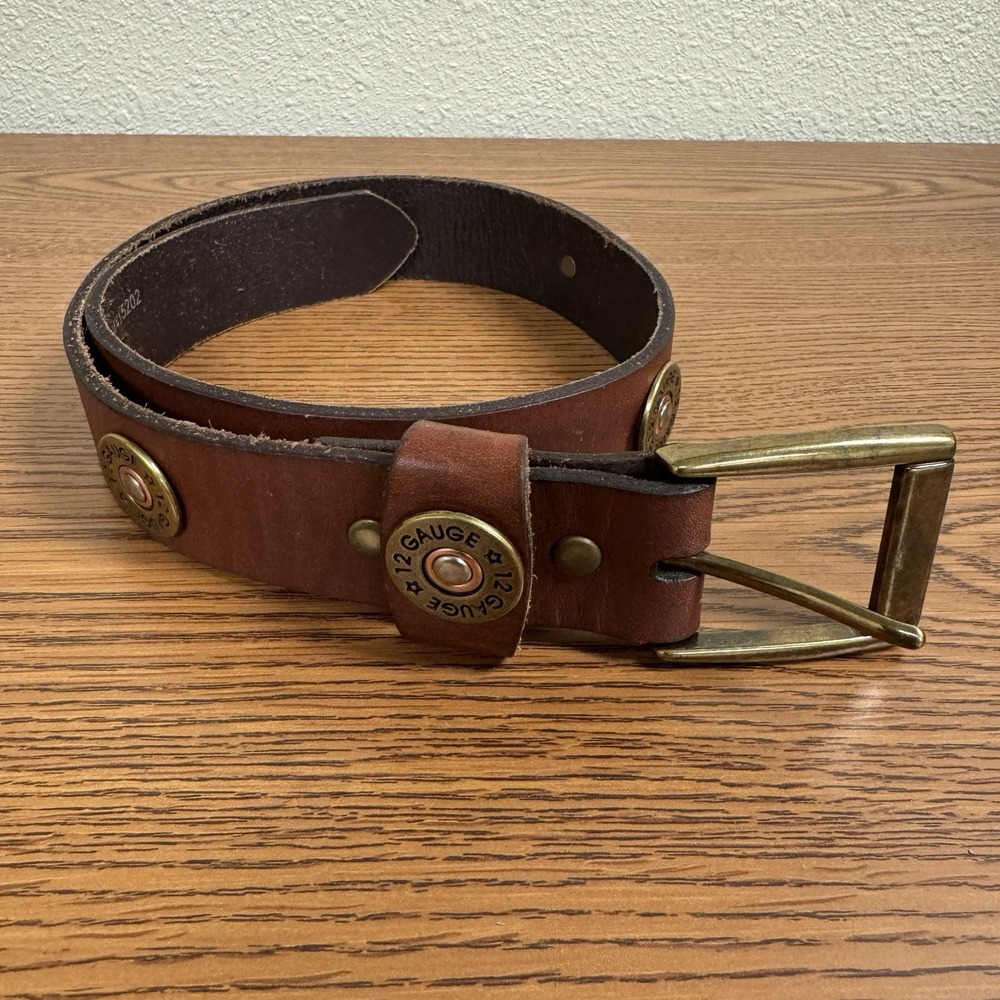 Nocona 12 Gauge Shotgun Shell Brown Leather Belt Size 20 Brass Buckle N4415202